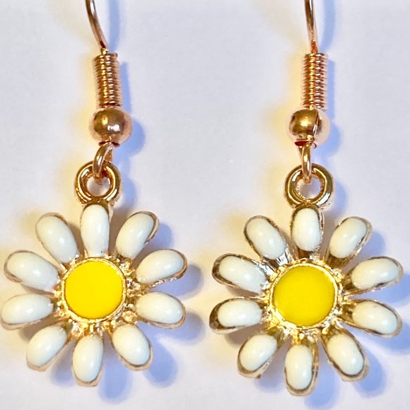 Daisy Flower Earrings Rose Gold Plated Enamel White Yellow Dangle Dainty - Picture 6 of 12